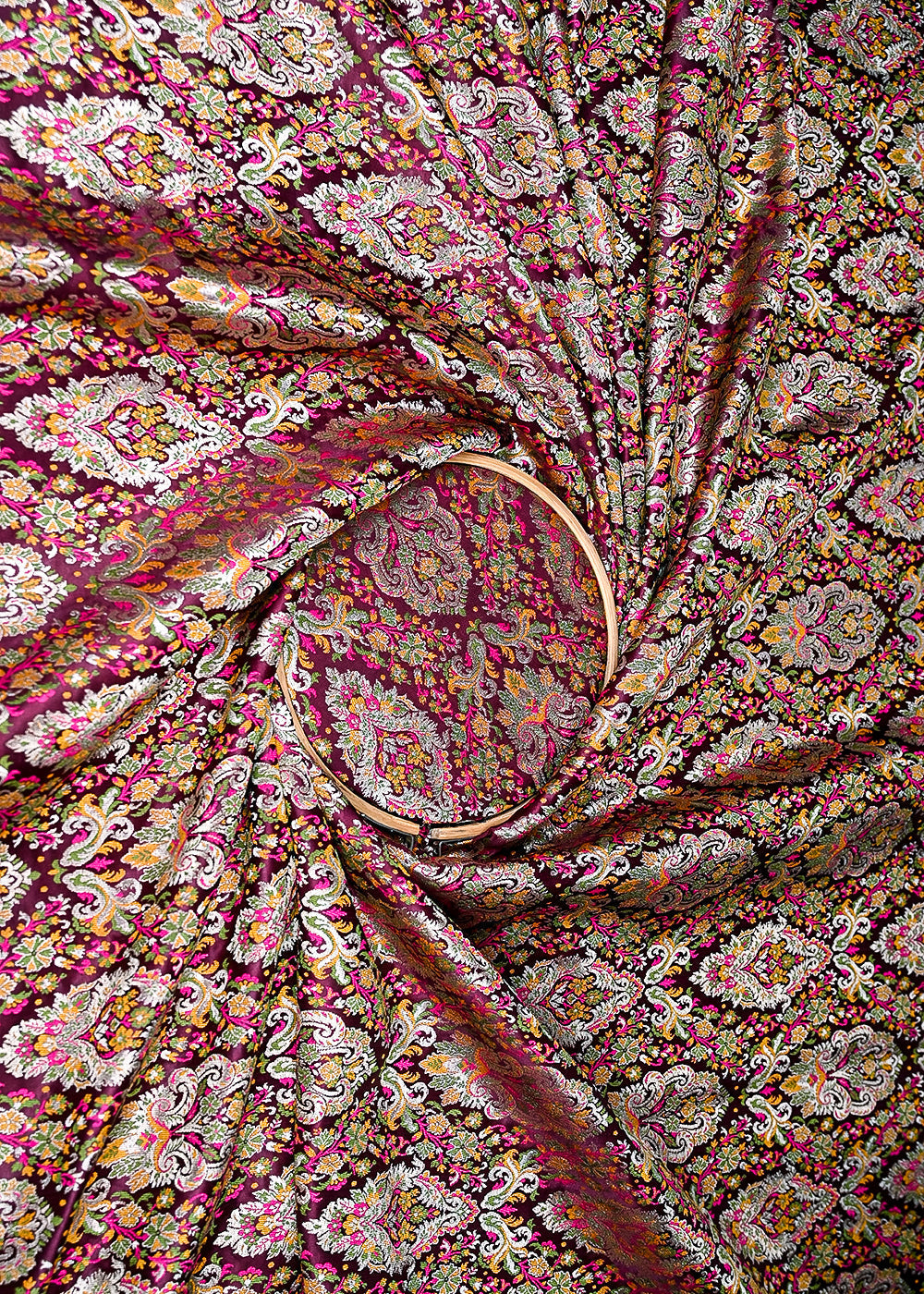 Wine Banarasi Brocade Fabric With All Over Zari And Thread Handloom 20644