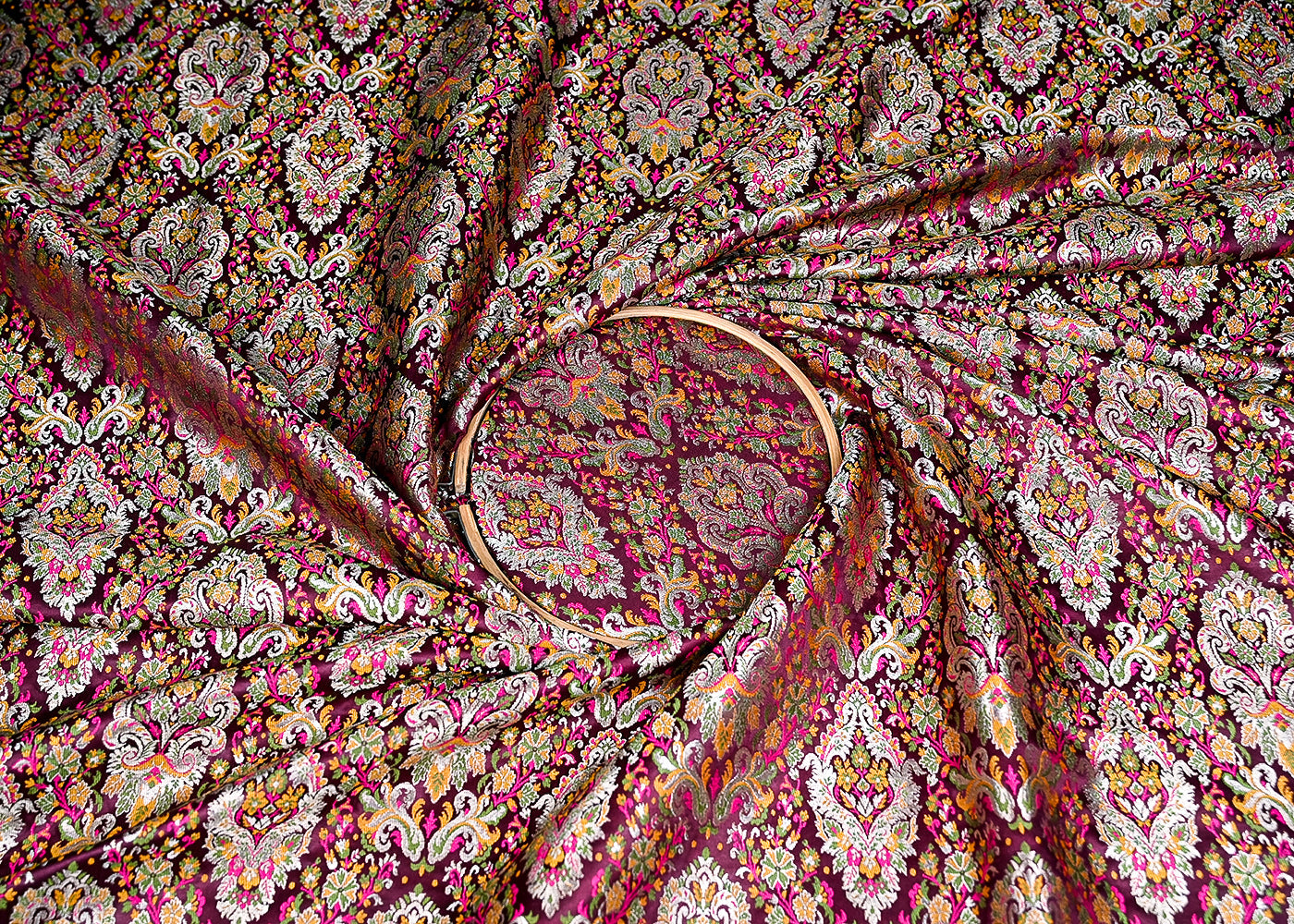 Wine Banarasi Brocade Fabric With All Over Zari And Thread Handloom 20644