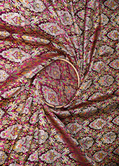 Wine Banarasi Brocade Fabric With All Over Zari And Thread Handloom 20644