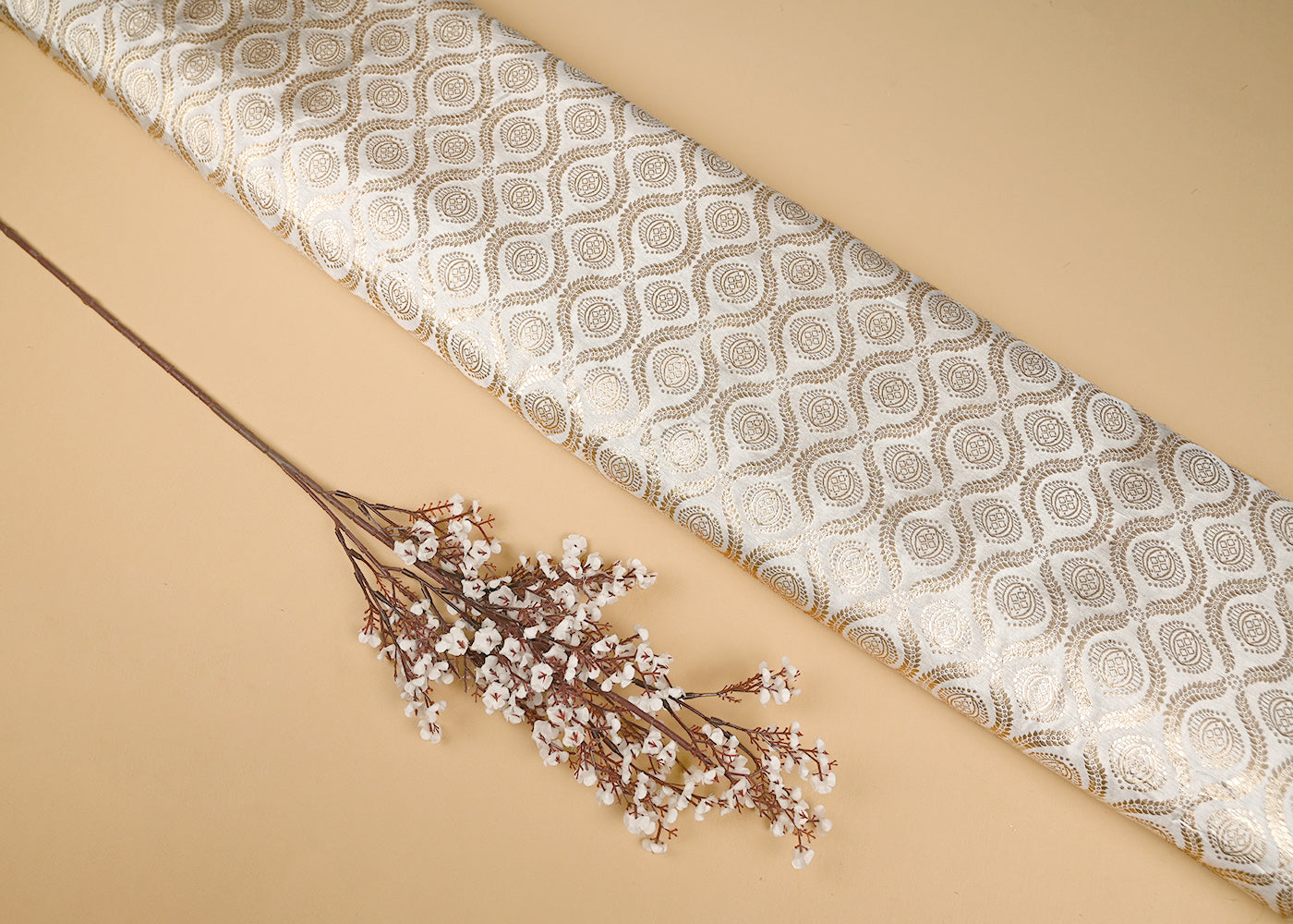 White Silk Fabric With All Over Golden Zari Handloom 20647