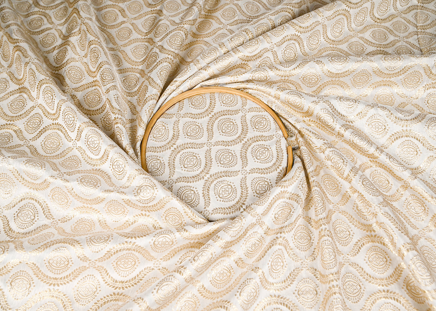 White Silk Fabric With All Over Golden Zari Handloom 20647