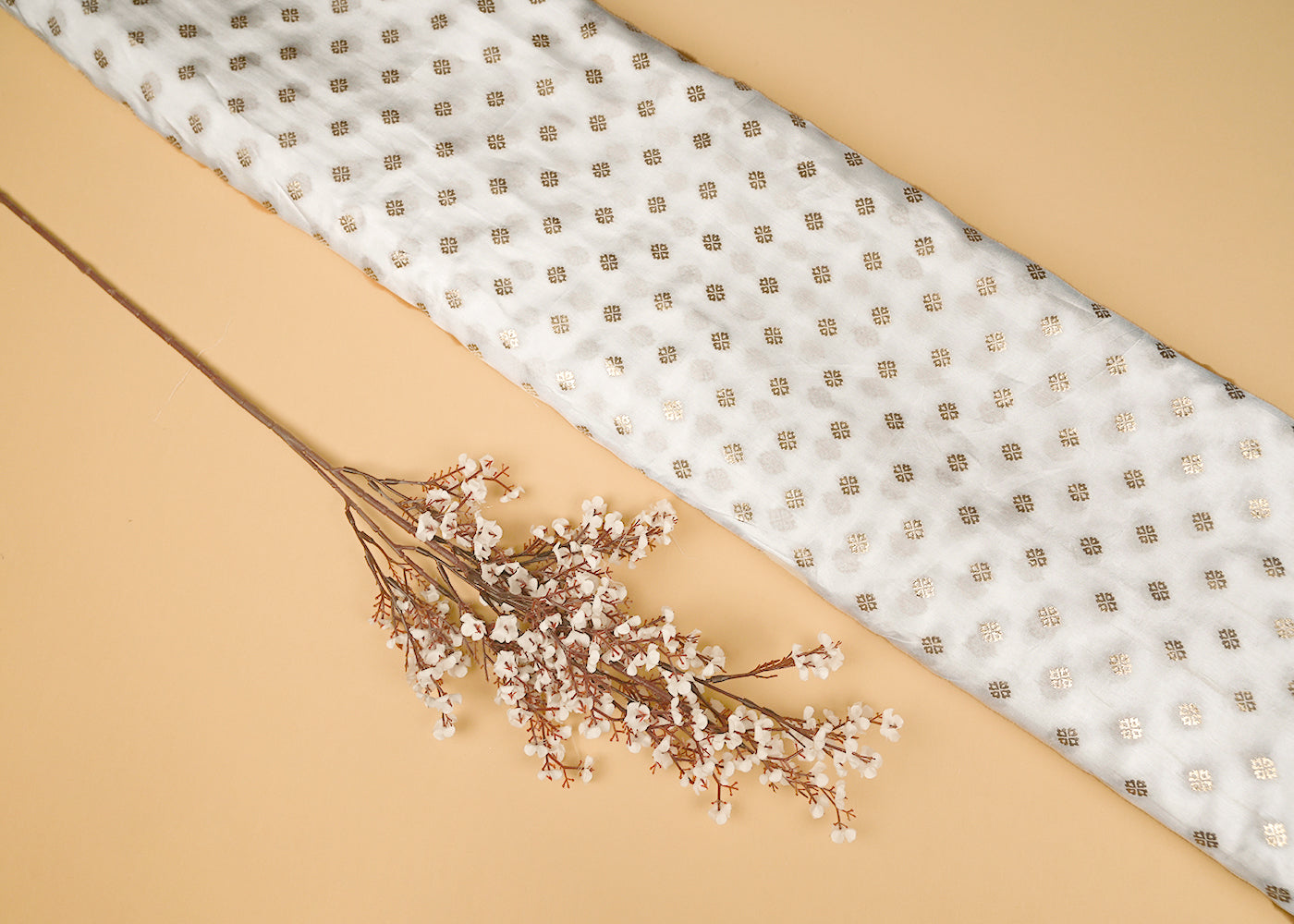 White Silk Fabric With All Over Golden Zari Handloom 20648