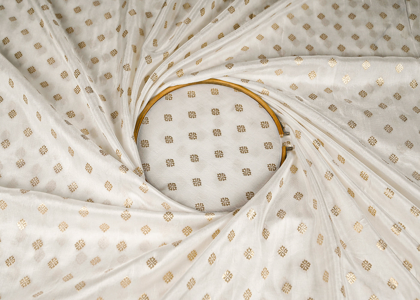 White Silk Fabric With All Over Golden Zari Handloom 20648