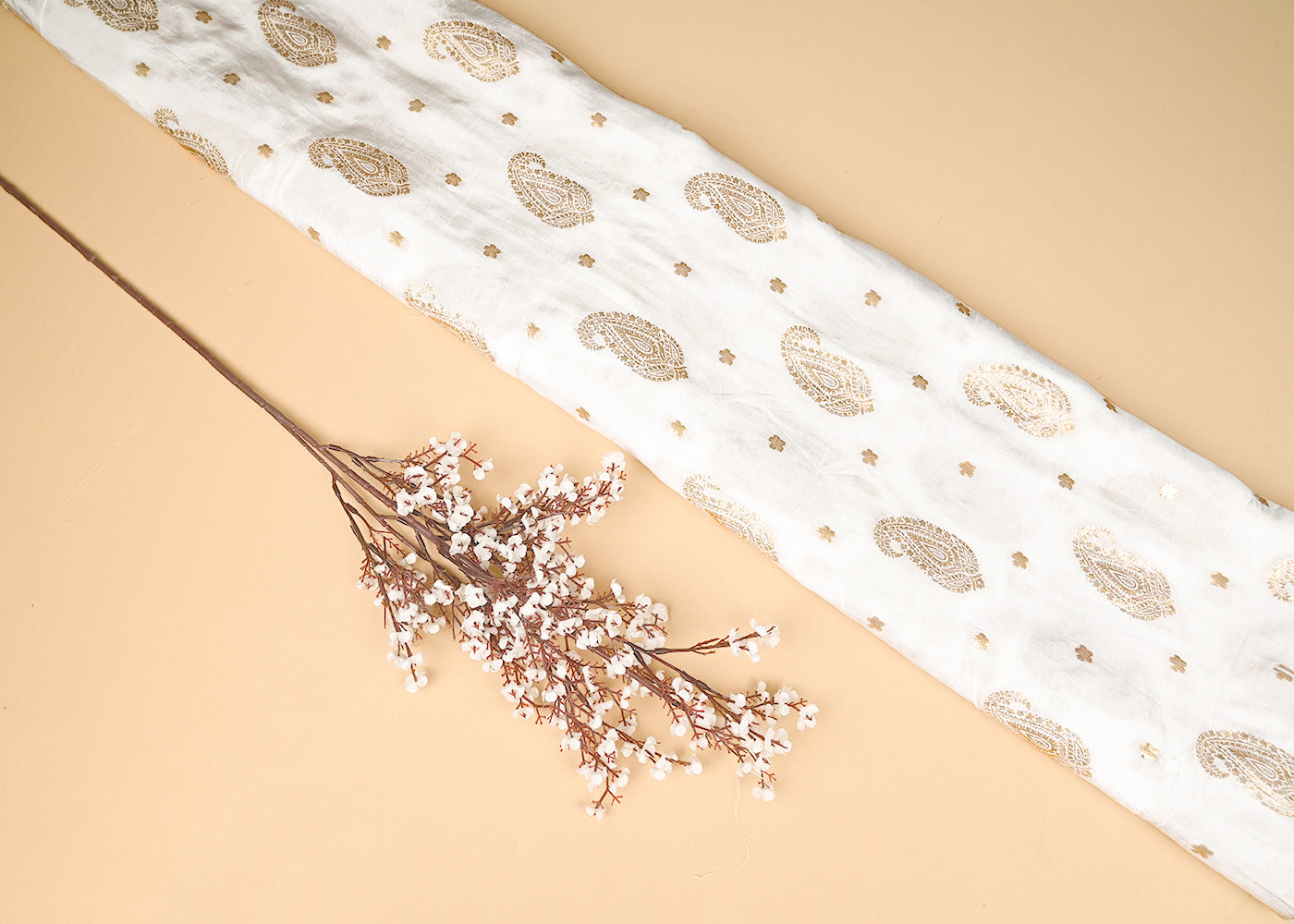 White Silk Fabric With All Over Golden Zari Handloom 20649