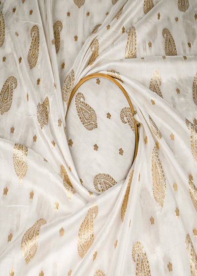 White Dyeable Silk Fabric With All Over Golden Zari Handloom 20649