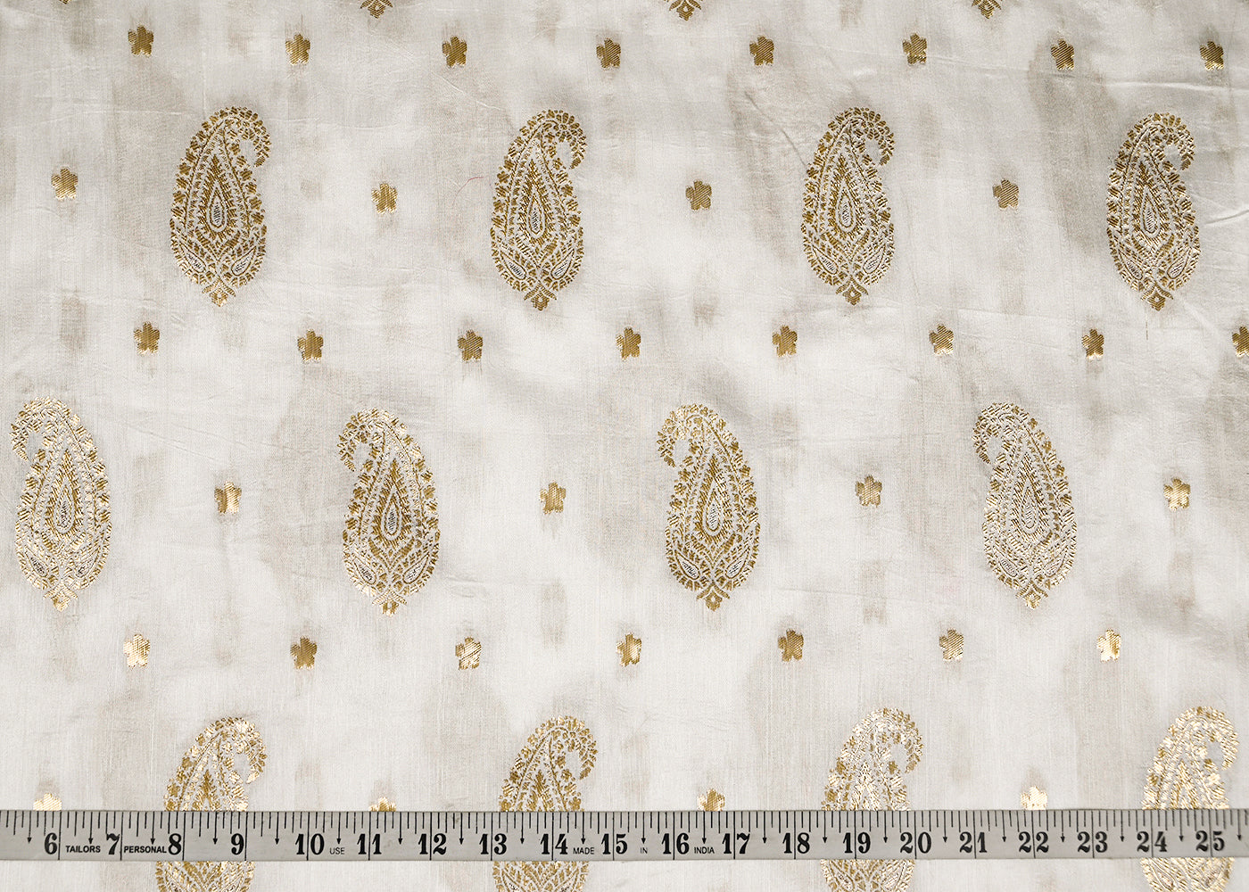 White Silk Fabric With All Over Golden Zari Handloom 20649