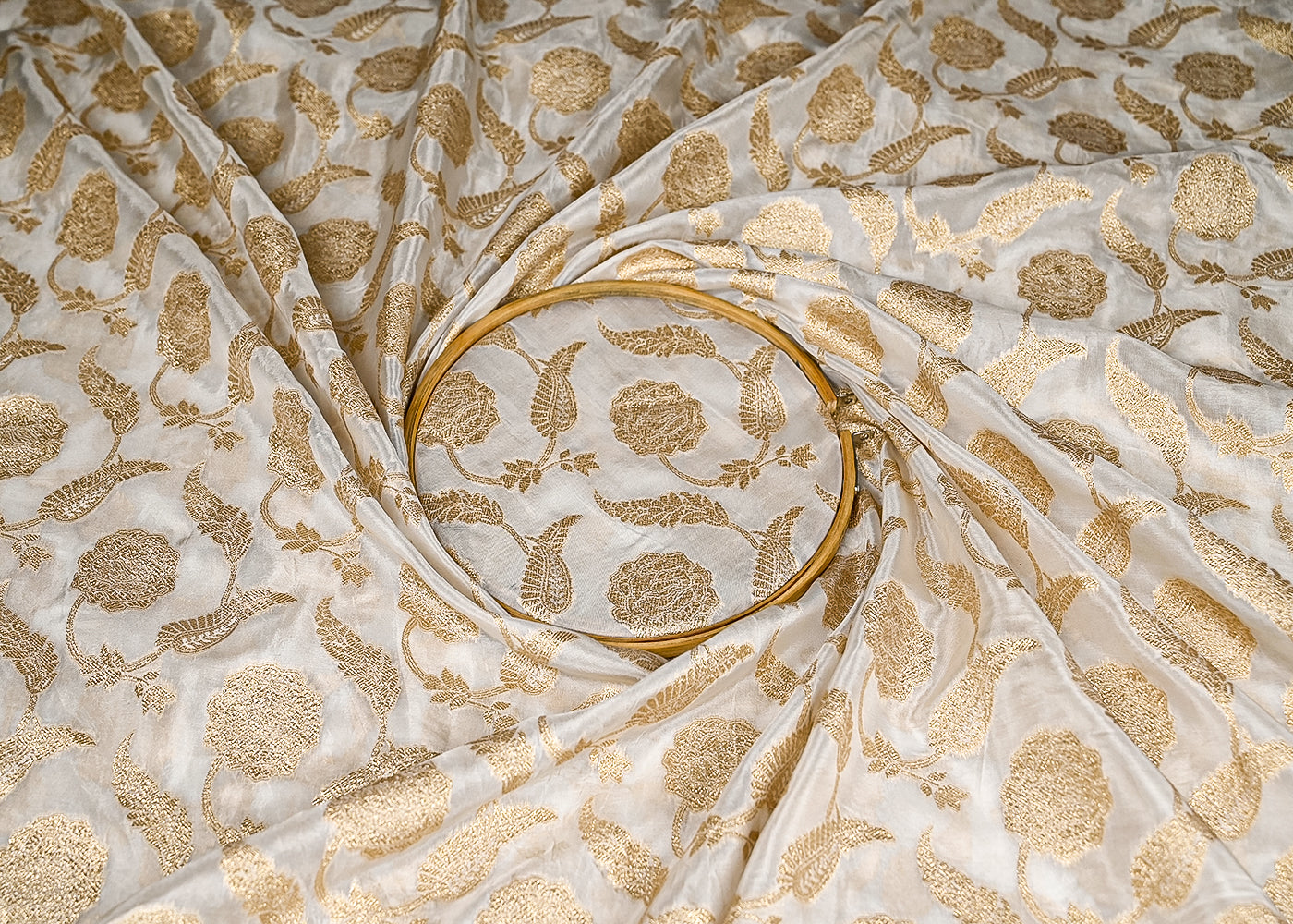 White Banarasi Brocade Fabric With All Over Zari Handloom 20664