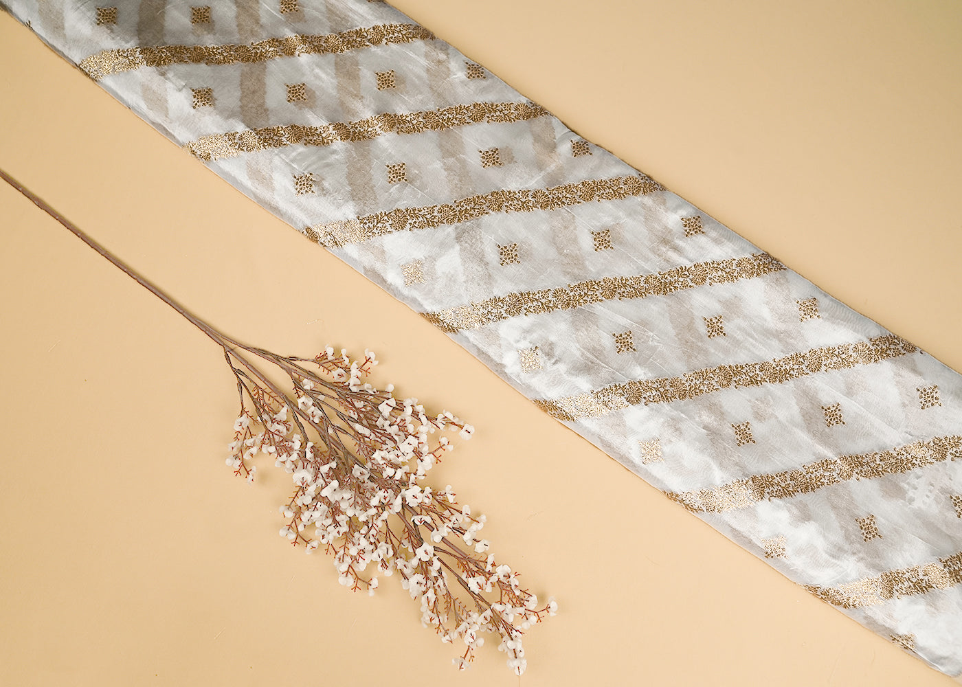 White Banarasi Brocade Fabric With All Over Zari Handloom 20665