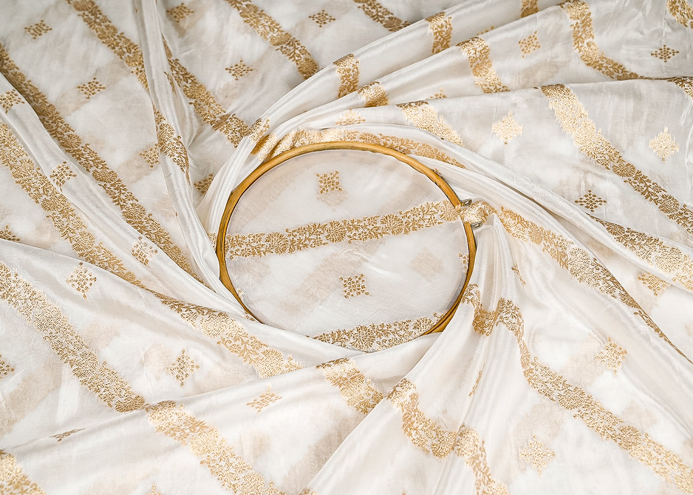 White Banarasi Brocade Fabric With All Over Zari Handloom 20665