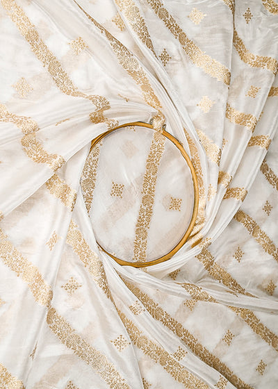 White Banarasi Brocade Fabric With All Over Zari Handloom 20665