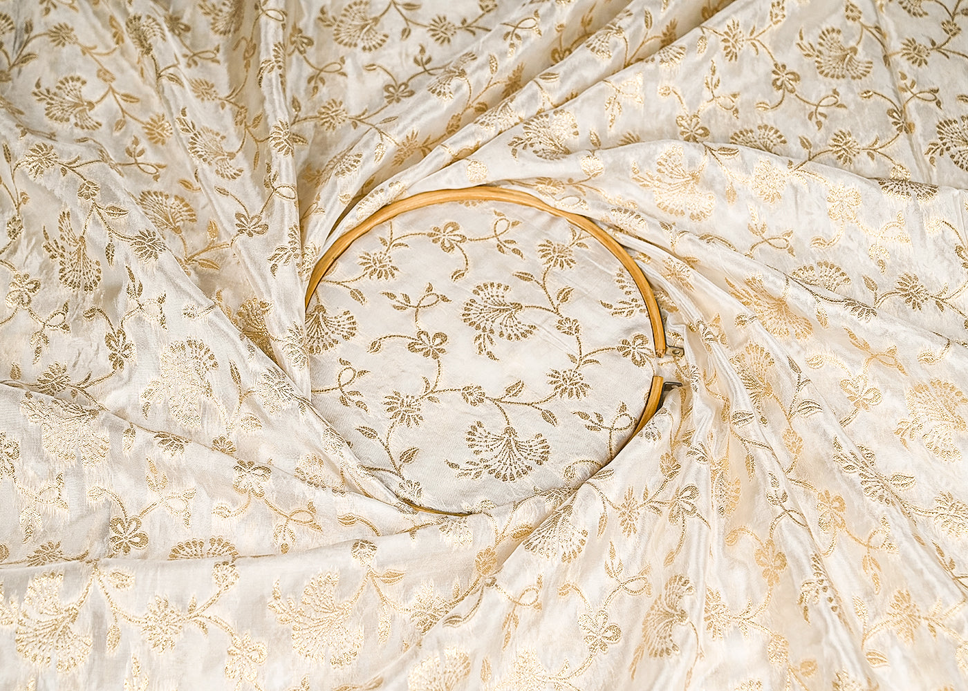 White Banarasi Brocade Fabric With All Over Zari Handloom 20667