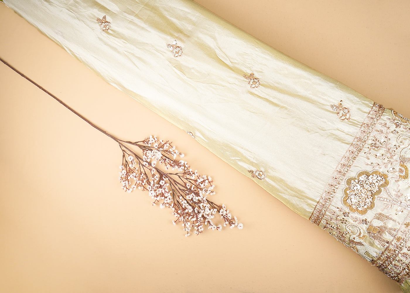 Golden Tissue Fabric With All Over Katdana, Bead An Sequins Work With One Side Border 20670