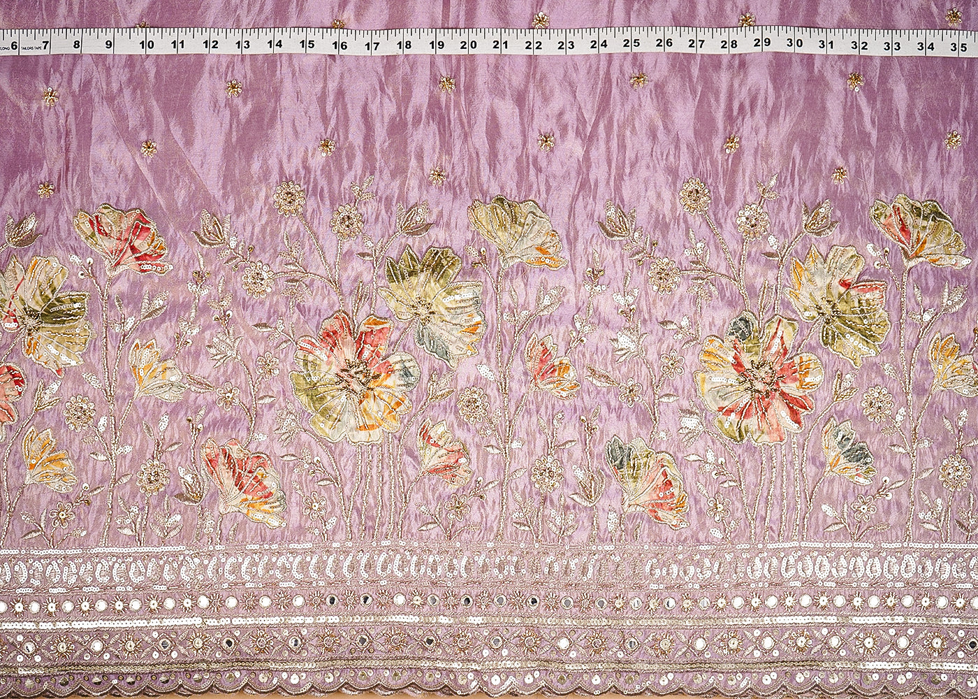 Lavender Tissue Fabric With All Over Buti Of Bead, Sequins And Katdana With One Side Patch Work Border 20672