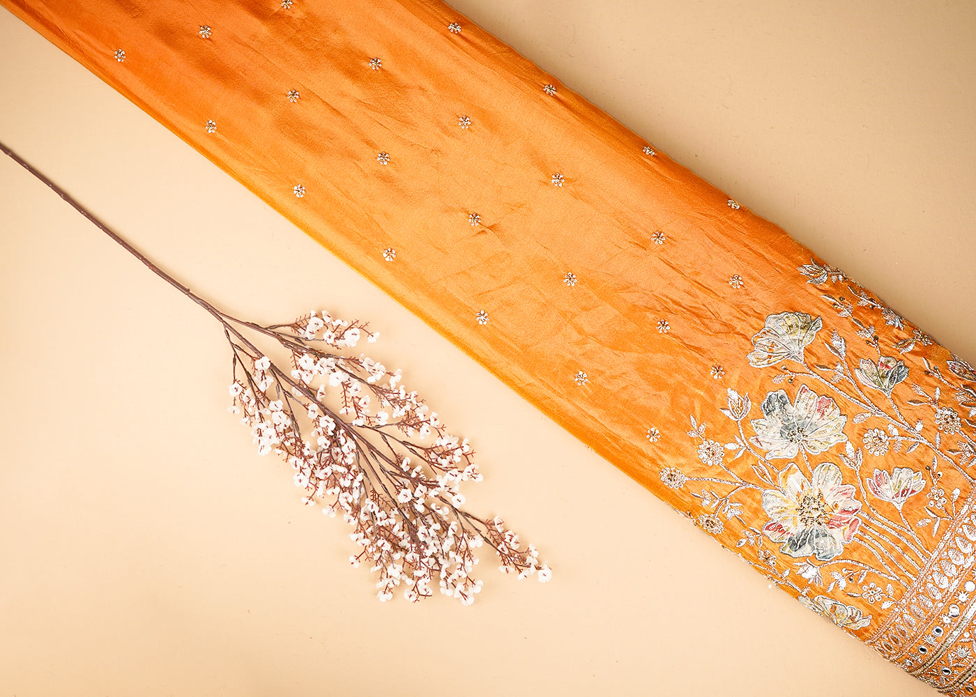 Orange Tissue Fabric With All Over Buti Of Bead, Sequins And Katdana With One Side Patch Work Border 20673