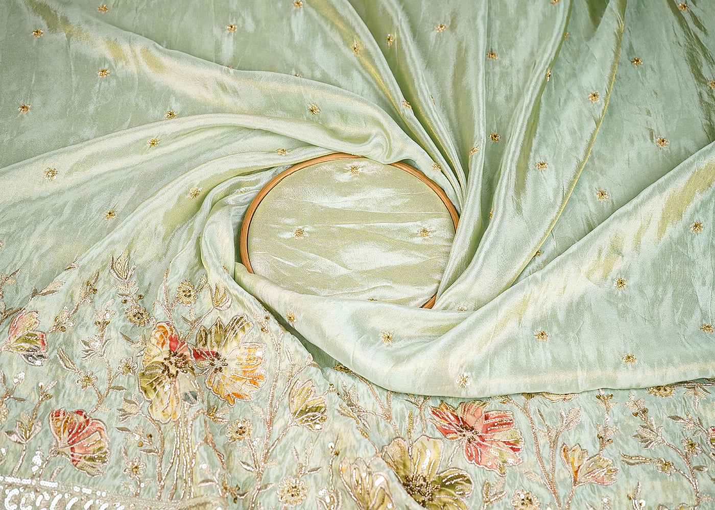 Pista Green Tissue Fabric With All Over Buti Of Bead, Sequins And Katdana With One Side Patch Work Border 20674