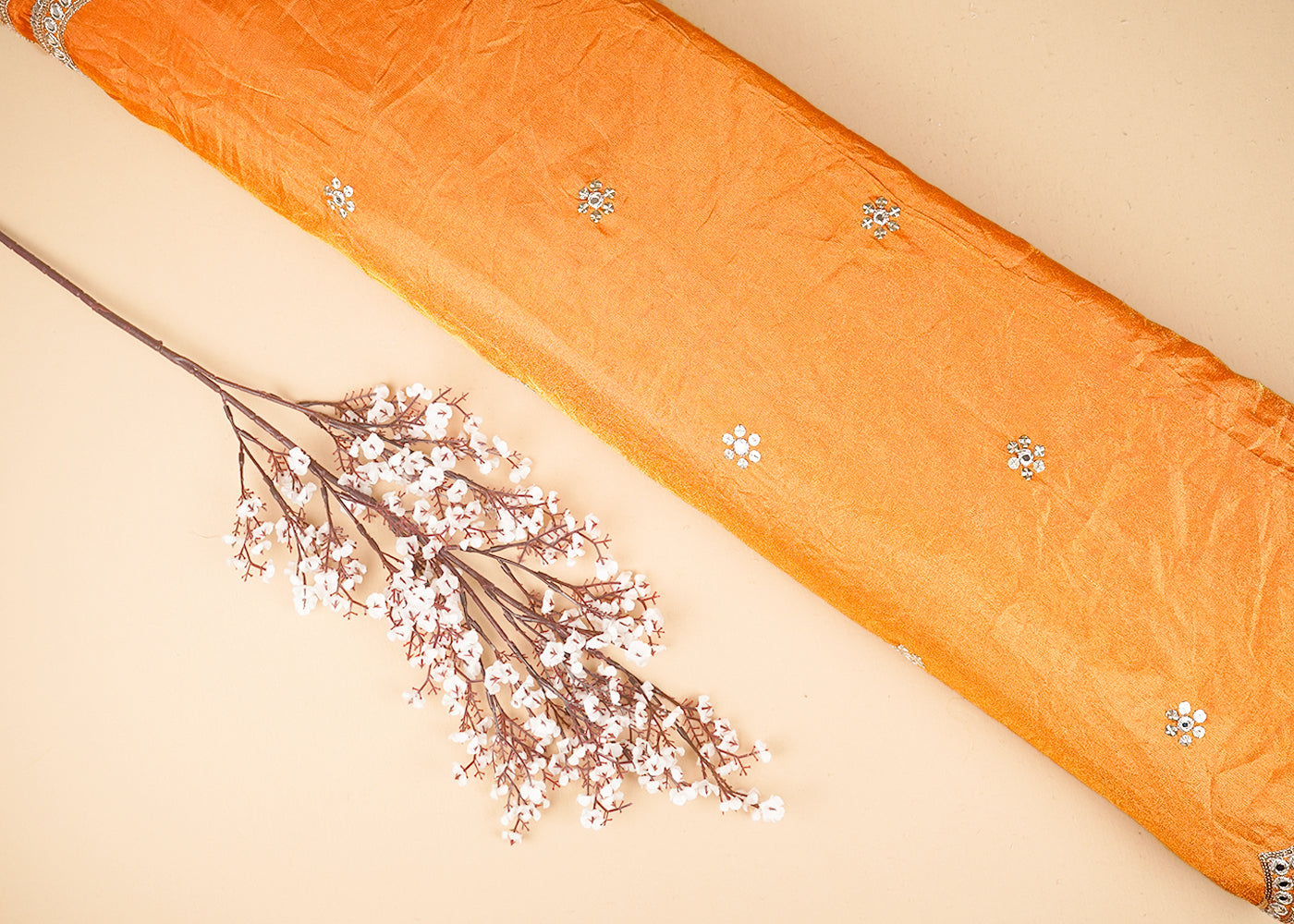 Orange Tissue Dupatta Fabric With All Over Faux Mirror, Sequins And Zari With Two Side Border 20675