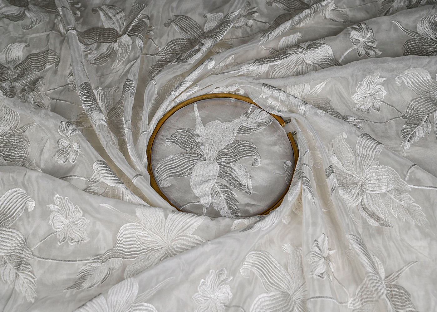 White Organza Fabric With All Over Thread Work 20683