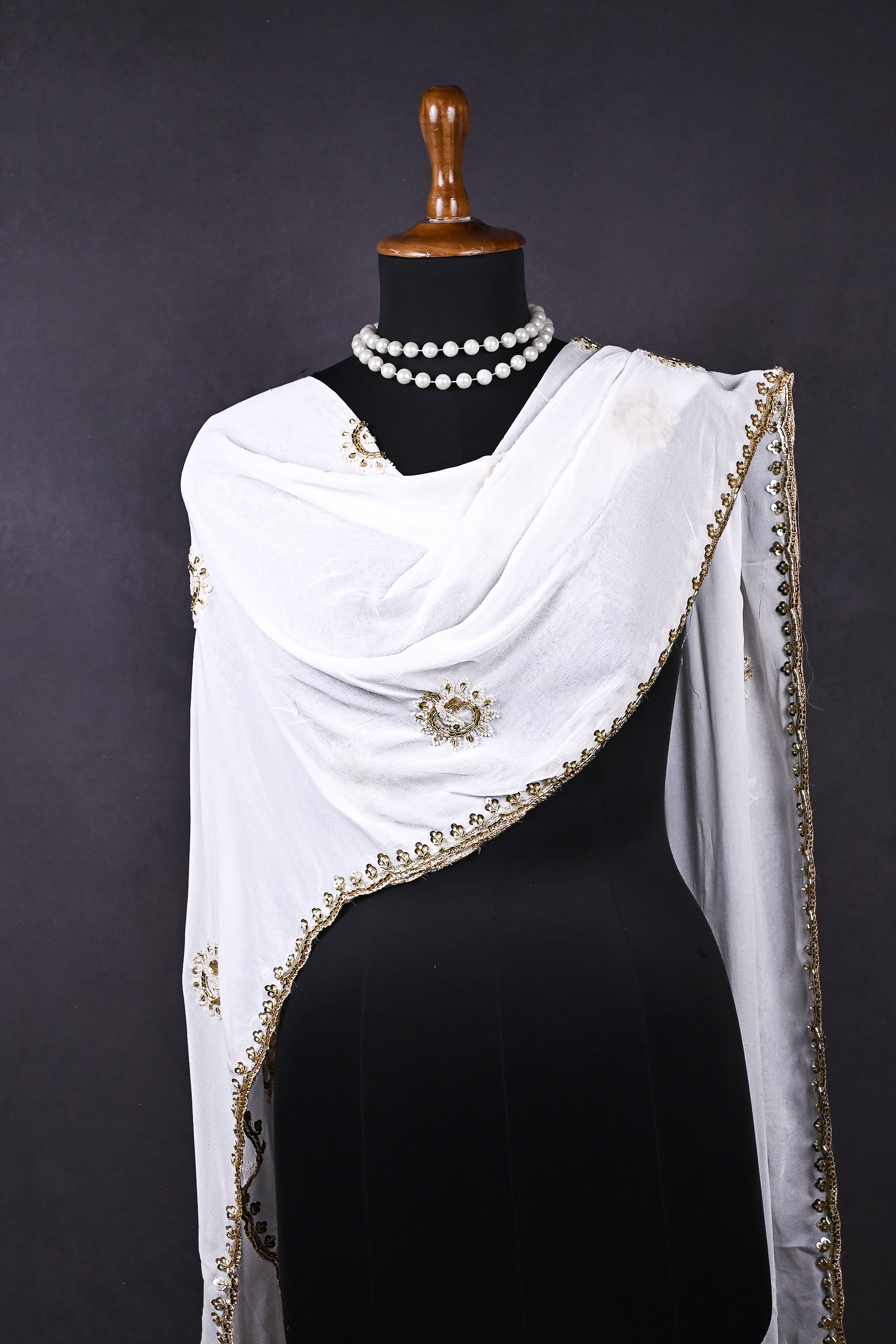 White Dyeable Georgette Dupatta All Over Sequins, Katdana And Bead Work 20704