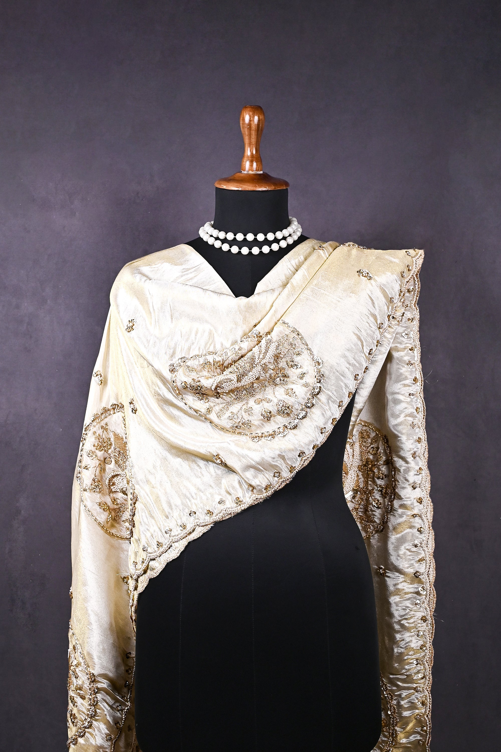 Golden Dyeable Tissue Dupatta All Over Zari, Sequins, Katdana And Bead Work 20709