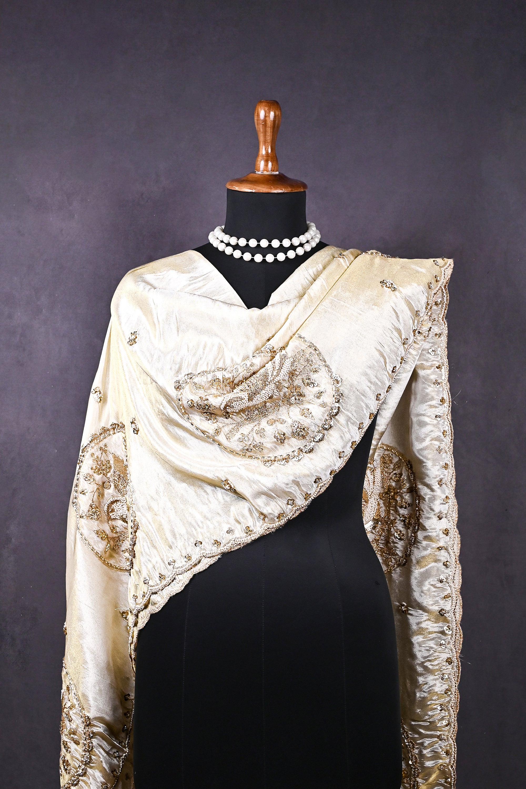 Golden Dyeable Tissue Dupatta All Over Zari, Sequins, Katdana And Bead Work 20709