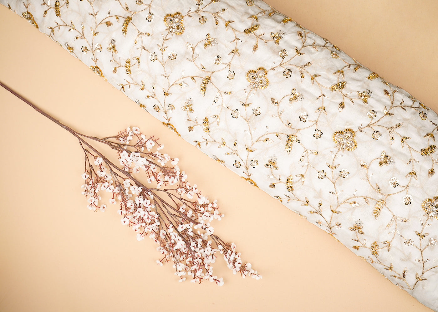 White Dyeable Georgette Fabric With All Over Buti Of Sequins, Katdana And Bead 20714