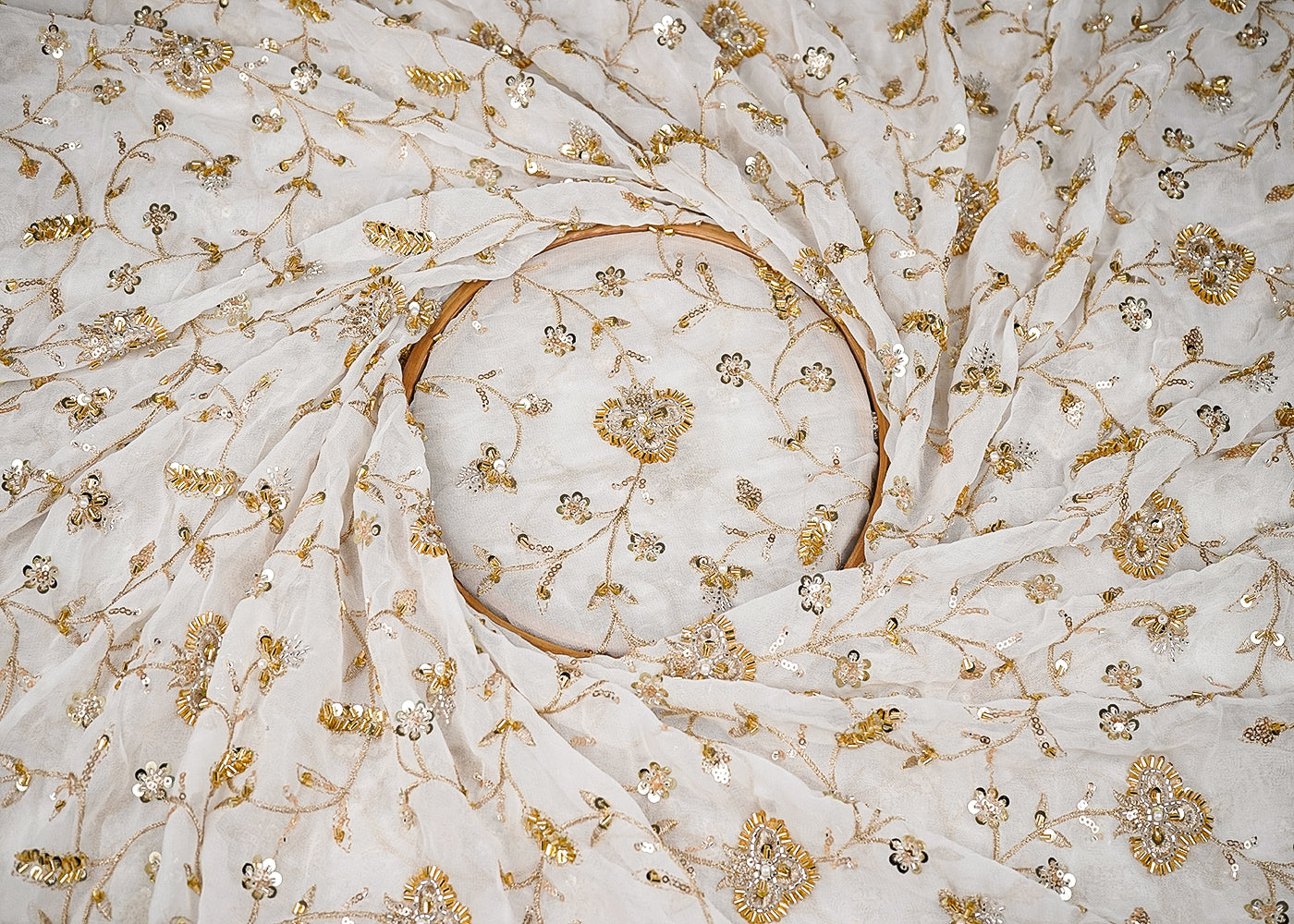 White Georgette Fabric With All Over Buti Of Sequins, Katdana And Bead 20714