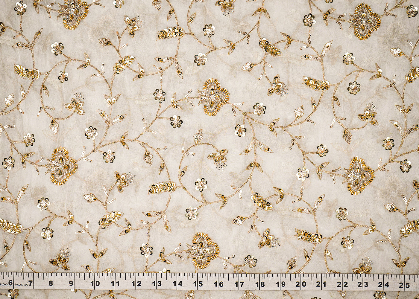 White Dyeable Georgette Fabric With All Over Buti Of Sequins, Katdana And Bead 20714