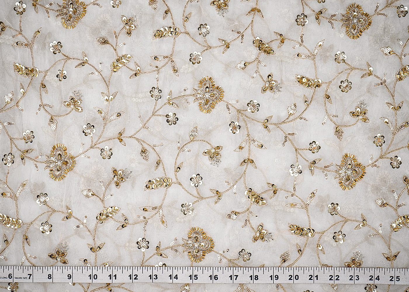 White Georgette Fabric With All Over Buti Of Sequins, Katdana And Bead 20714