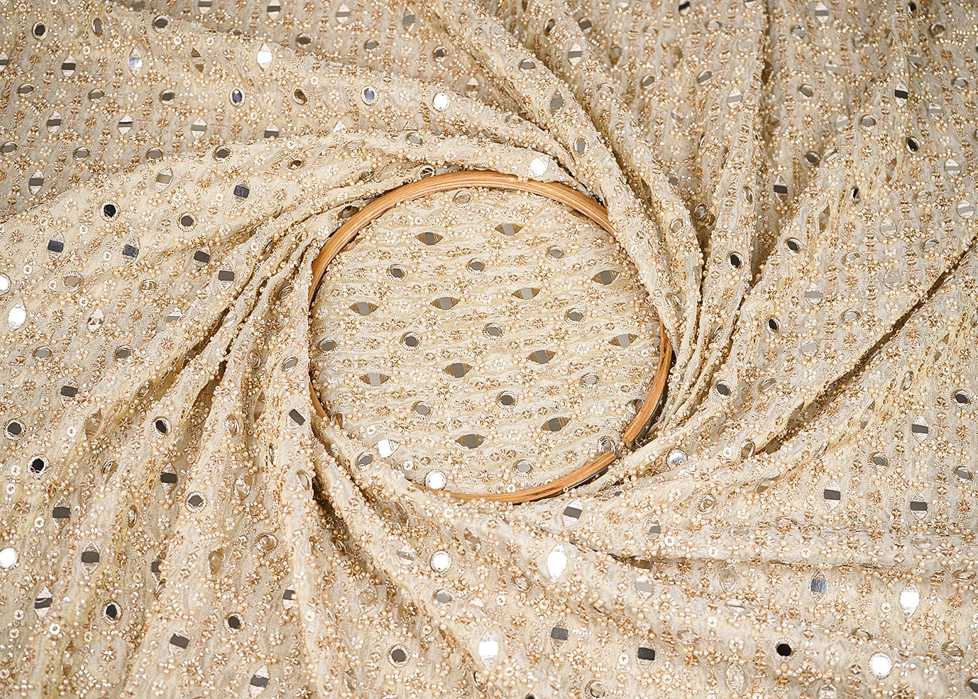 Golden Tissue Fabric With All Over Faux Mirror, Sequins, Bead And Zari Work 20750