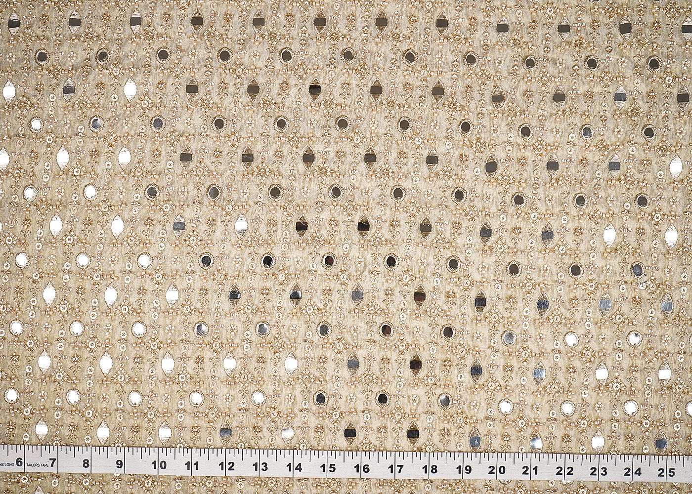 Golden Tissue Fabric With All Over Faux Mirror, Sequins, Bead And Zari Work 20750
