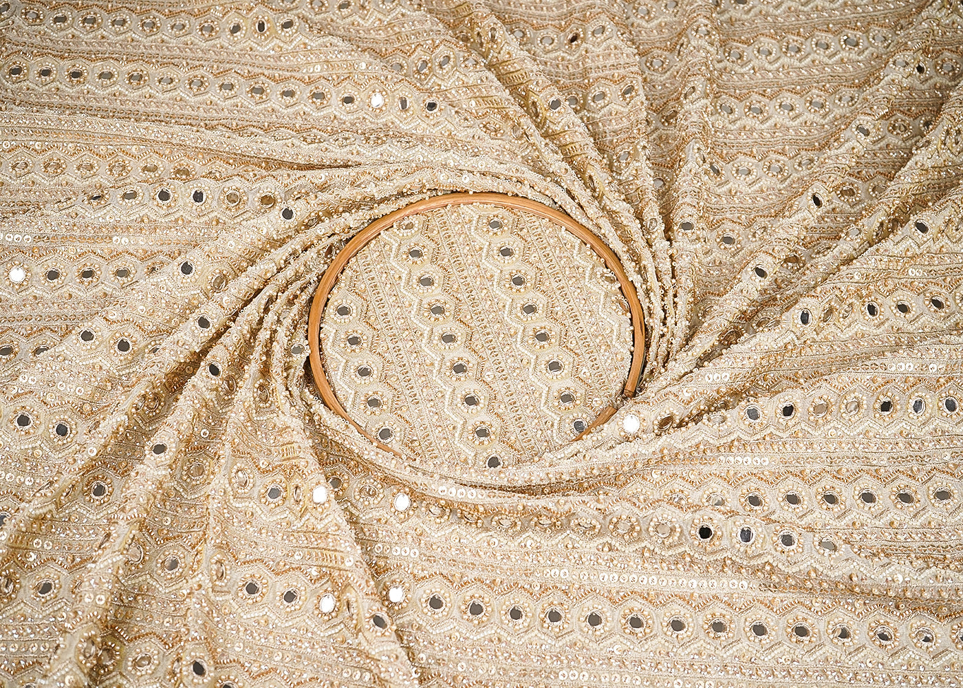 Golden Tissue Fabric With All Over Faux Mirror, Sequins, Bead And Zari Work 20751