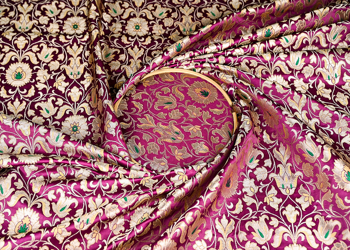 Purple Banarasi Brocade Fabric With All Over Thread And Golden Zari Handloom 20763