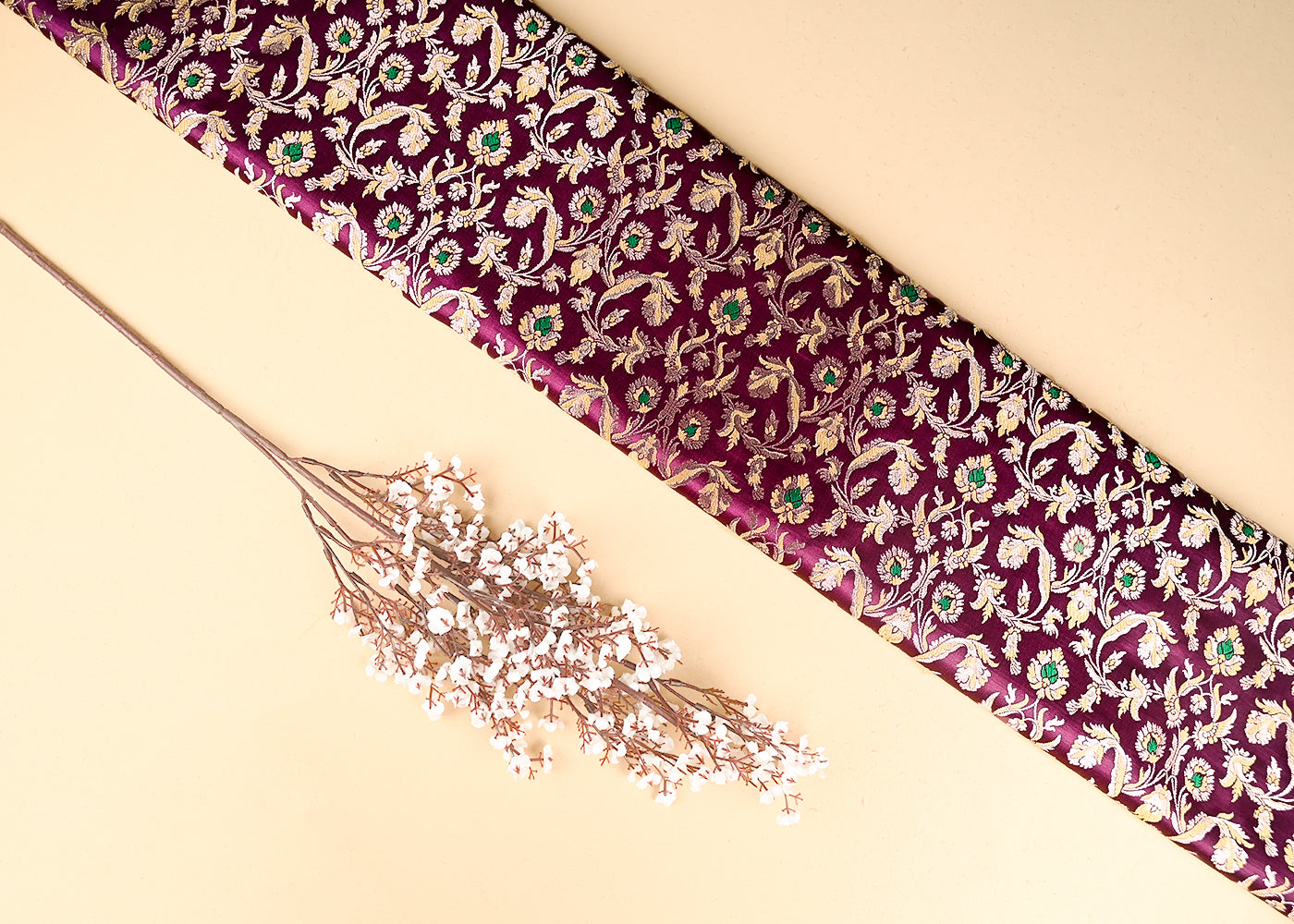 Purple Banarasi Brocade Fabric With All Over Thread And Zari Handloom 20766