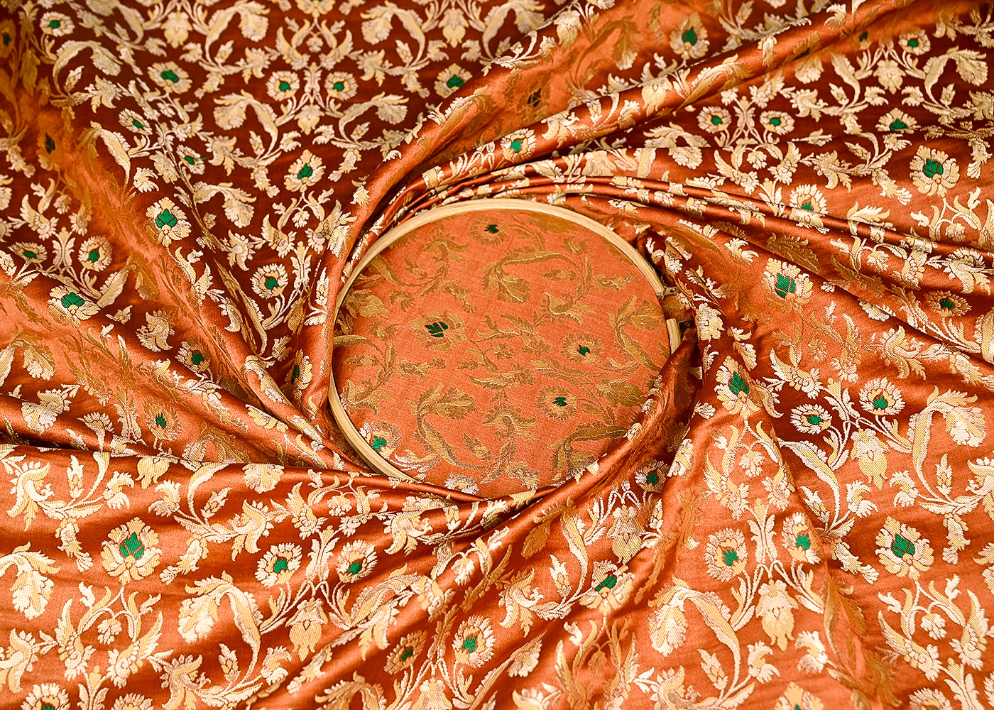 Rust Brown Banarasi Brocade Fabric With All Over Thread And Zari Handloom 20769