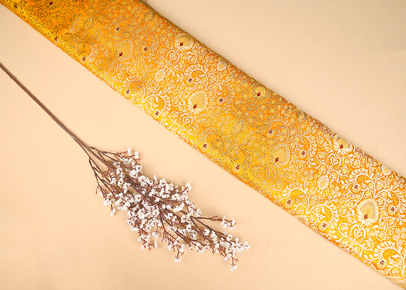 Mustard Banarasi Brocade Fabric With All Over Thread And Zari Handloom 20771