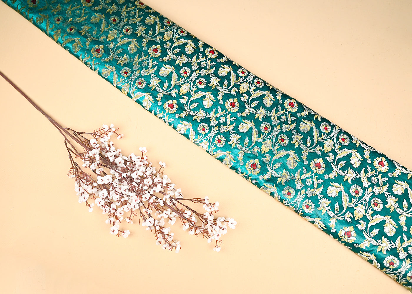 Teal Blue Banarasi Brocade Fabric With All Over Thread And Zari Handloom 20773