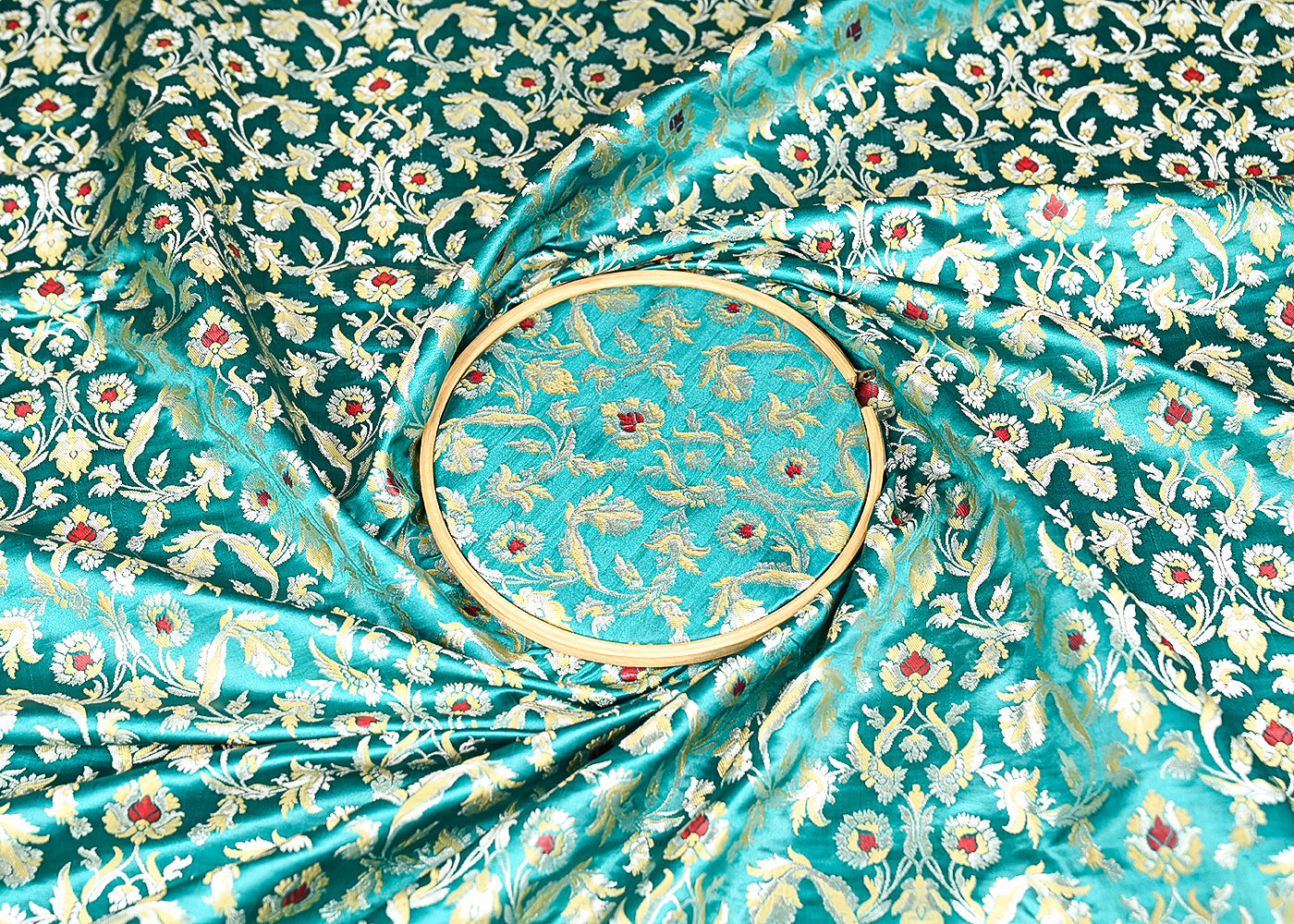 Teal Blue Banarasi Brocade Fabric With All Over Thread And Zari Handloom 20773
