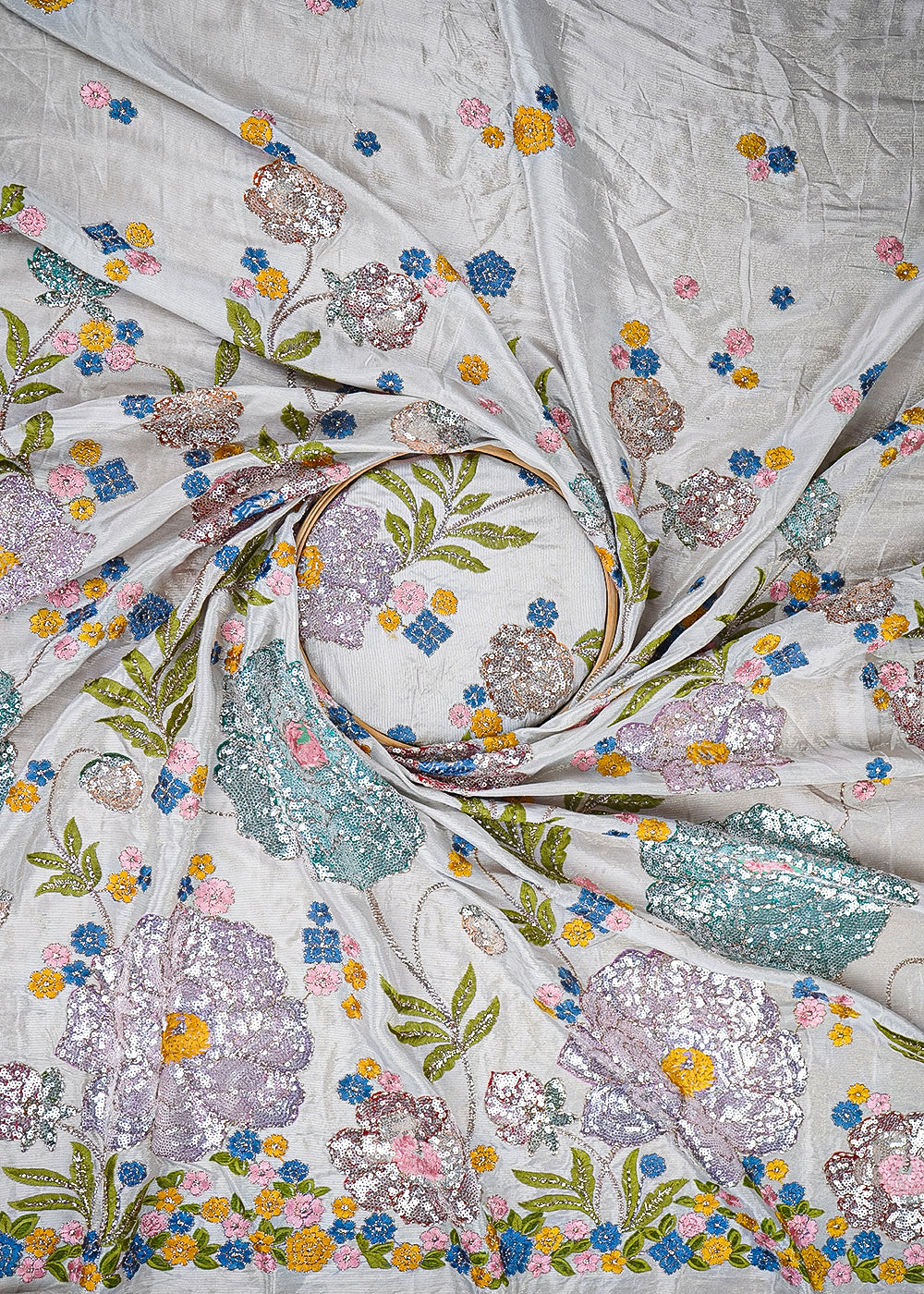 Grey Georgette Fabric With All Over Thread, Zari And Sequins With One Side Border 20373