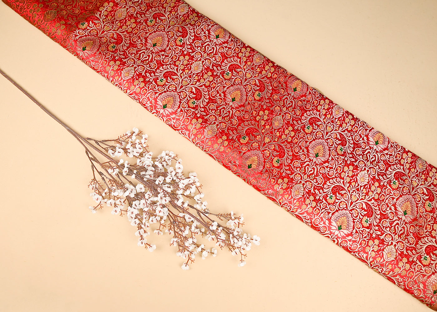Red Banarasi Brocade Fabric With All Over Thread And Zari Handloom 20774