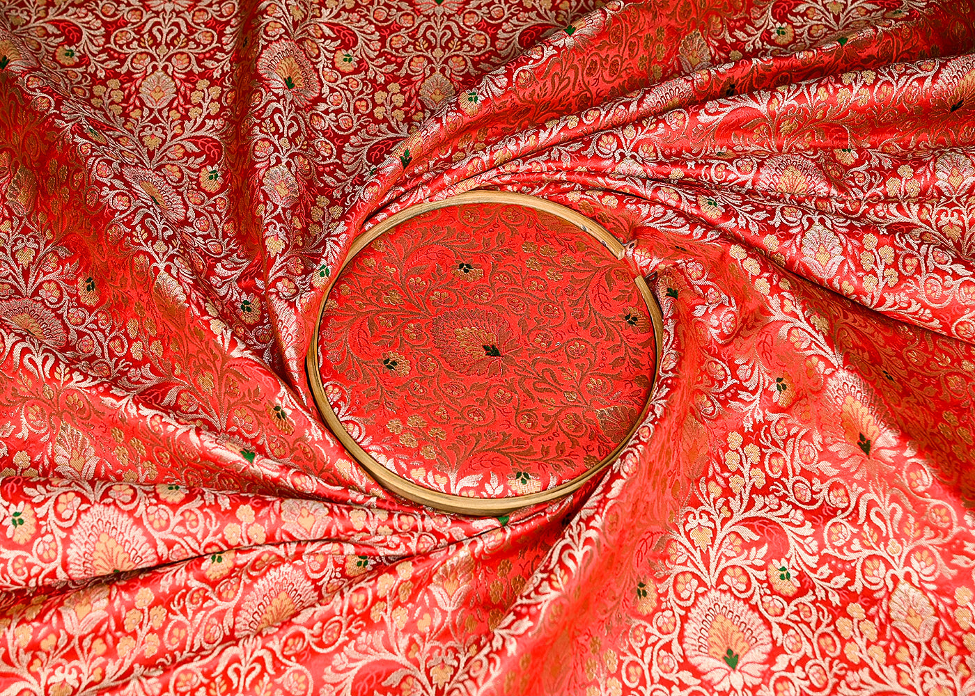 Red Banarasi Brocade Fabric With All Over Thread And Zari Handloom 20774