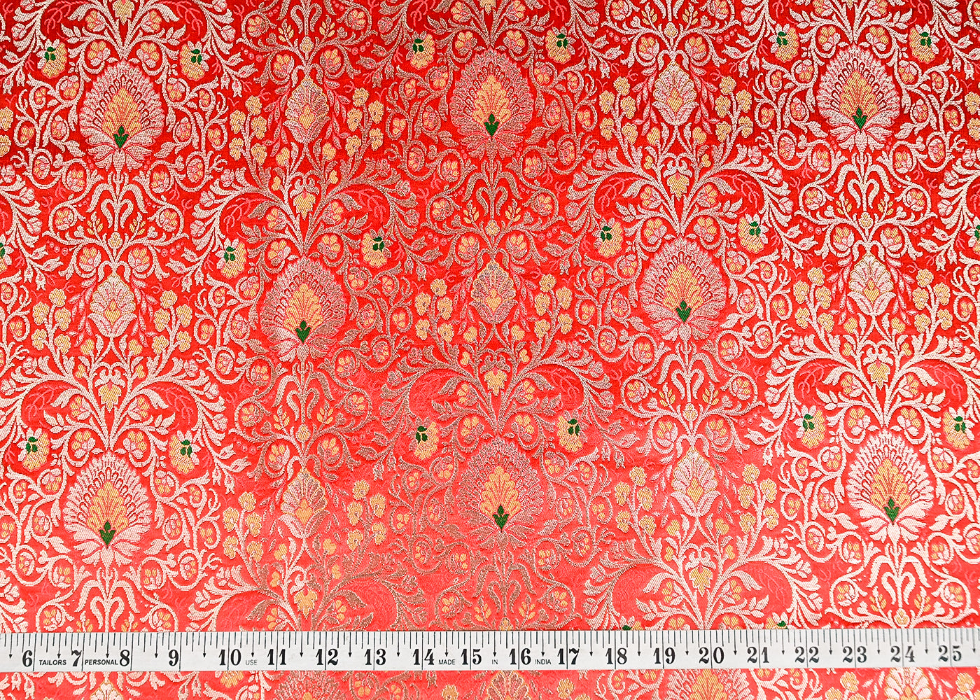 Red Banarasi Brocade Fabric With All Over Thread And Zari Handloom 20774