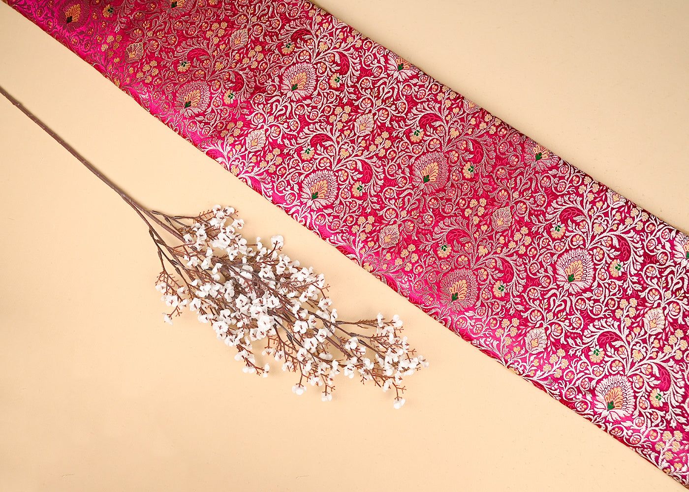 Rani Pink Banarasi Brocade Fabric With All Over Thread And Zari Handloom 20775