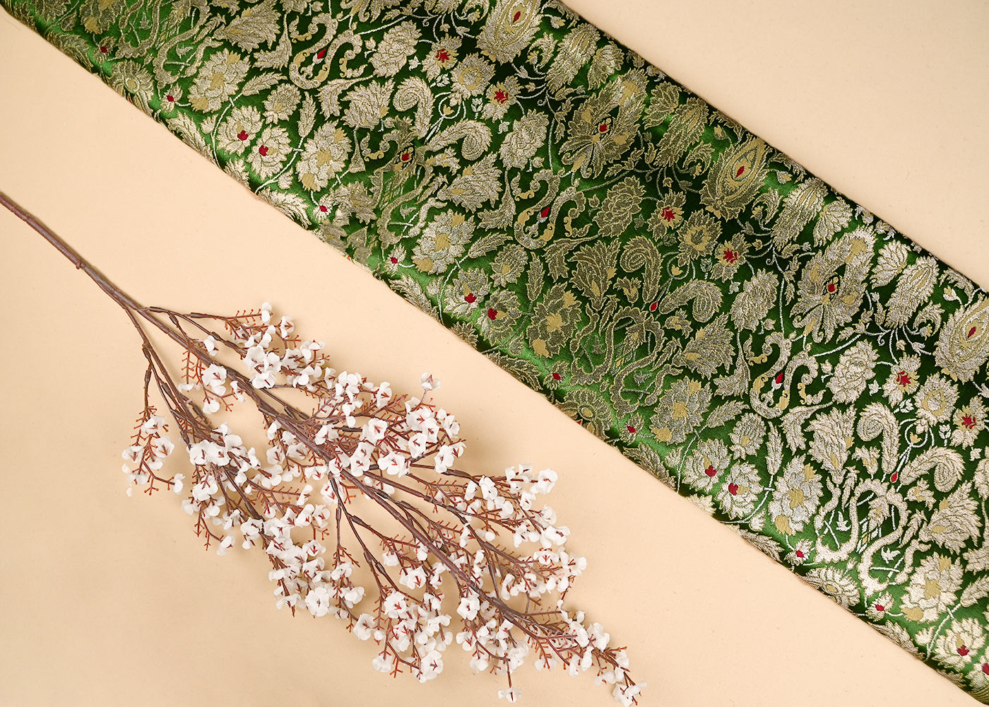 Mehendi Green Pure Banarasi Brocade Fabric With All Over Thread And Zari Handloom 20777