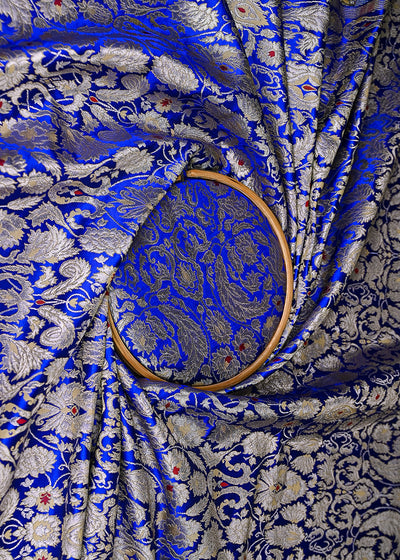 Navy Blue Pure Banarasi Brocade Fabric With All Over Thread And Zari Handloom 20780