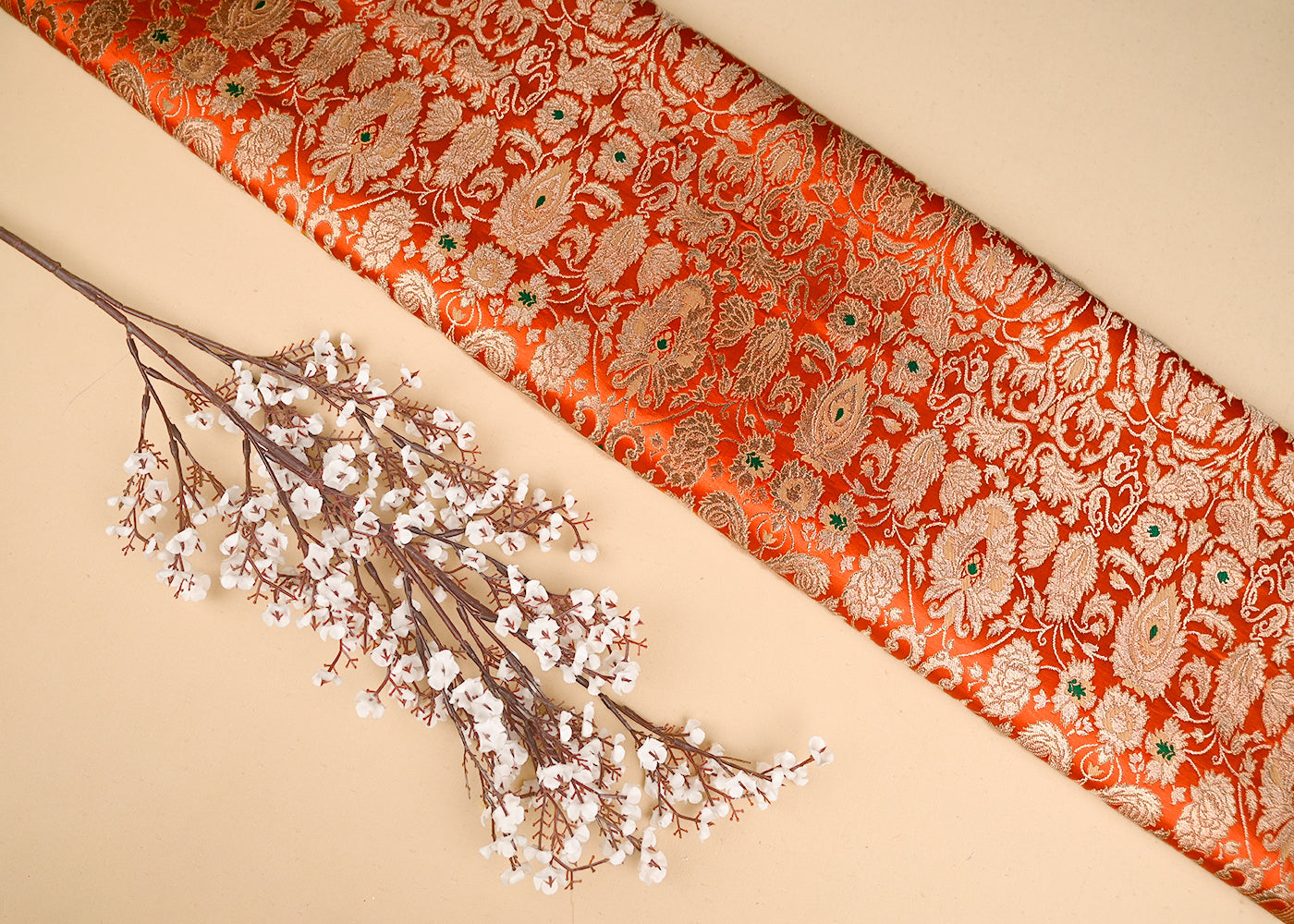 Orange Pure Banarasi Brocade Fabric With All Over Thread And Zari Handloom 20785