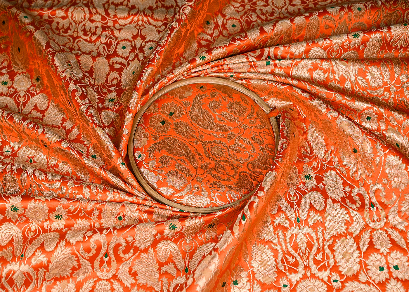 Orange Pure Banarasi Brocade Fabric With All Over Thread And Zari Handloom 20785