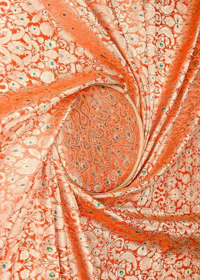 Orange Pure Banarasi Brocade Fabric With All Over Thread And Zari Handloom 20785