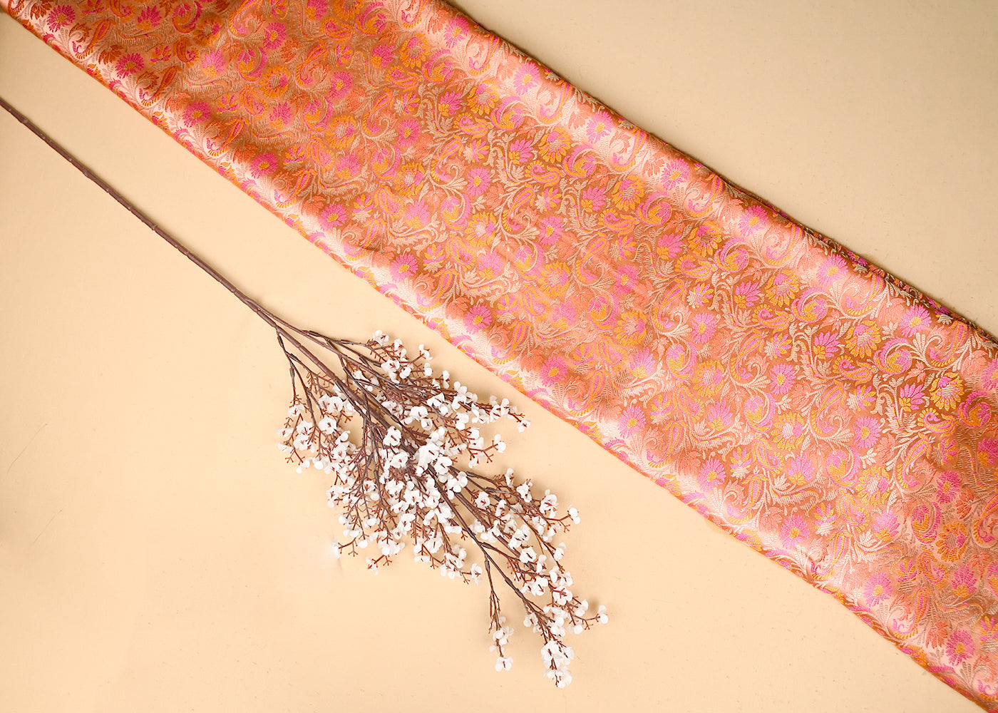 Peach Banarasi Brocade Fabric With All Over Thread And Zari Handloom 20789