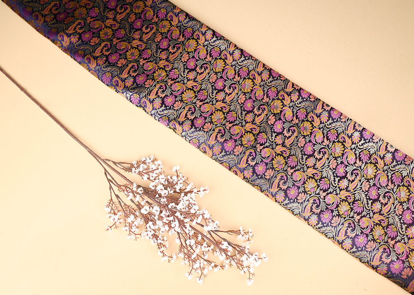 Navy Blue Banarasi Brocade Fabric With All Over Thread And Zari Handloom 20791