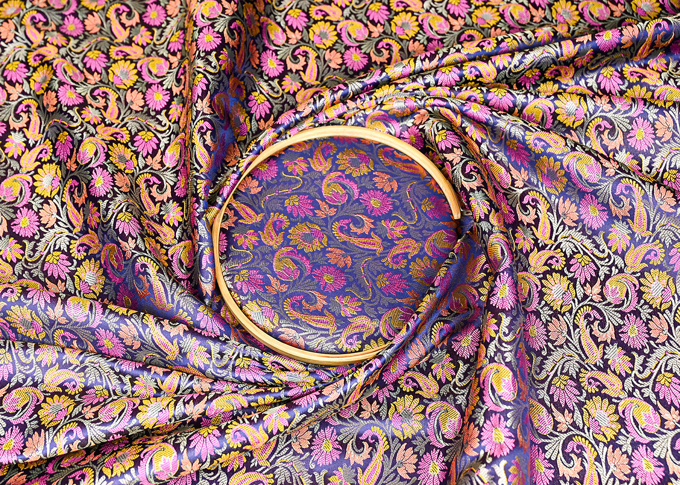 Navy Blue Banarasi Brocade Fabric With All Over Thread And Zari Handloom 20791